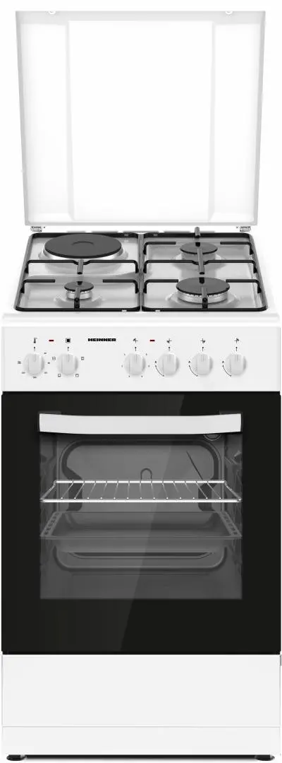 Aragaz mixt HEINNER HFSC-S56E1HSWH, 3 arzatoare gaz + 1 plita electrica, Aprindere electrica arzatoare, Cuptor electric, Clasa A, Grill, 50x60 cm (Alb)