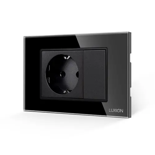 Priza Simpla si 1 Tasta Falsa cu Rama din Sticla LUXION, Standard Italian, 3M (Negru)