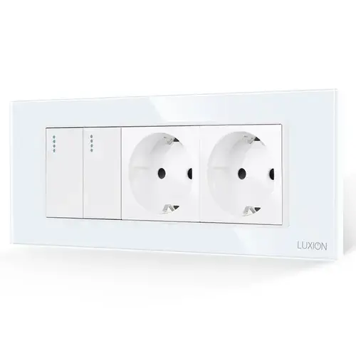 Intrerupator Dublu + 2 Prize cu Rama din Sticla LUXION, Standard Italian, 6M (Alb)