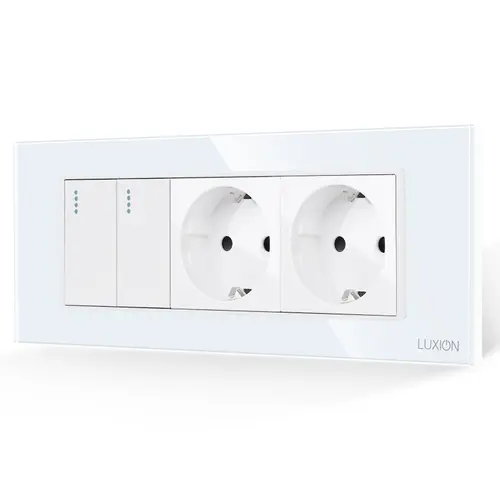 Intrerupator Dublu + 2 Prize cu Rama din Sticla LUXION, Standard Italian, 6M (Alb)