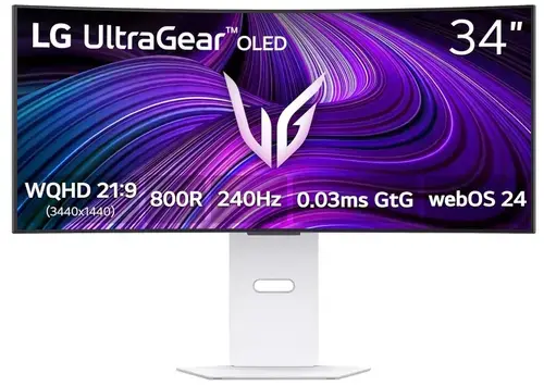 Monitor OLED Gaming LG UltraGear 34inch 34GX90SA, WQHD (3440 x 1440), HDMI, DisplayPort, Boxe, 240 Hz, 0.03 ms (Alb)