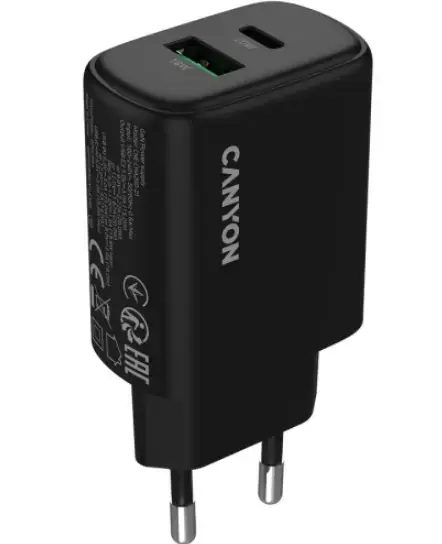 Incarcator retea Canyon OnCharge 200, 1 x USB-A, 1 x USB-C, 12 V, 3 A, 20 W (Negru)