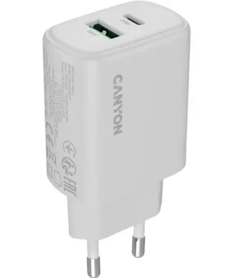 Incarcator retea Canyon OnCharge 200, 1 x USB-A, 1 x USB-C, 12 V, 3 A, 20 W (Alb)