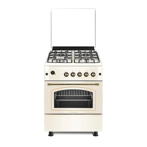 Aragaz rustic Studio Casa SIERRA VIVA, Gaz, 4 arzatoare, Cuptor pe gaz, 60x60cm, Rotisor, Grill gaz, Ventilatie Turbo, gratare fonta (Crem)