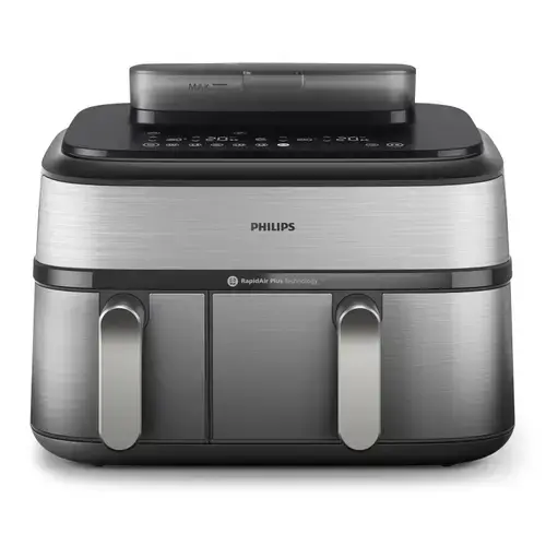 Friteuza dubla cu aer cald Philips Seria 5000, 2750 W, 9 l, 1.2 kg, 12 programe, Timer, Temperatura ajustabila 40-200 C (Argintiu)