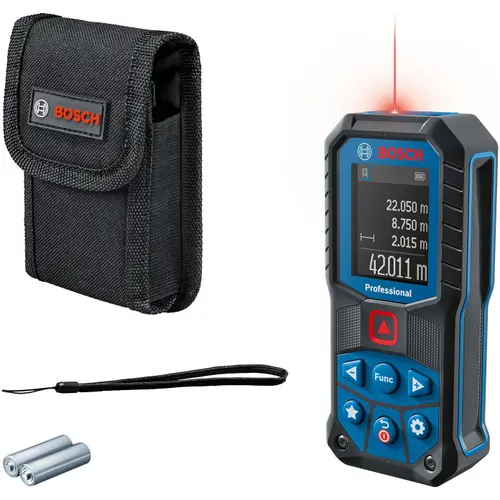 Telemetru laser Bosch Professional GLM 50-22, 50 m domeniu masurare, 635 nm dioda laser, ± 1.5 mm precizie, IP65, 2 baterii 1.5 V LR6 (AA), geanta protectie, curea transport
