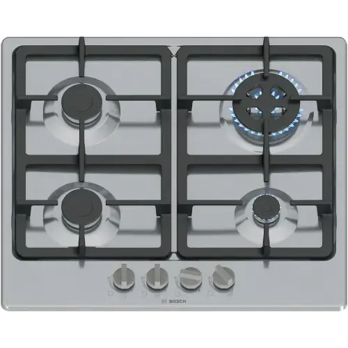 Plita incorporabila Bosch PGH6B5K90, Gaz, 4 arazatoare, Gratar fonta, Arzator Wok, 60 cm (Inox)