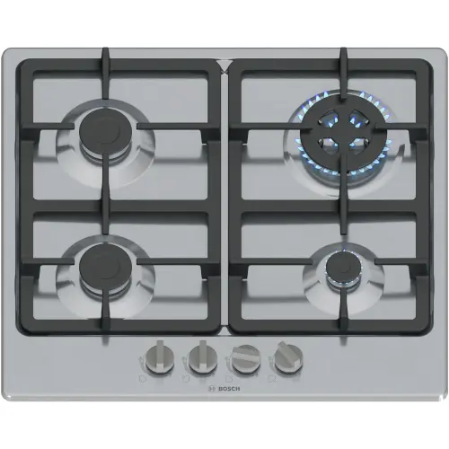 Plita incorporabila Bosch PGH6B5K90, Gaz, 4 arazatoare, Gratar fonta, Arzator Wok, 60 cm (Inox)