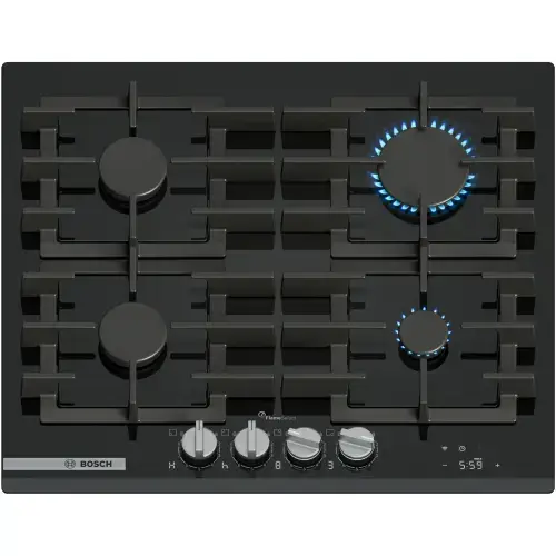 Plita incorporabila Bosch PRP6A6H40, 4 arzatoare, Flame select, Gratar fonta, Touch control & mecanic, Smart Hood Automatic, Home Connect, 60 cm, Sticla (Negru)
