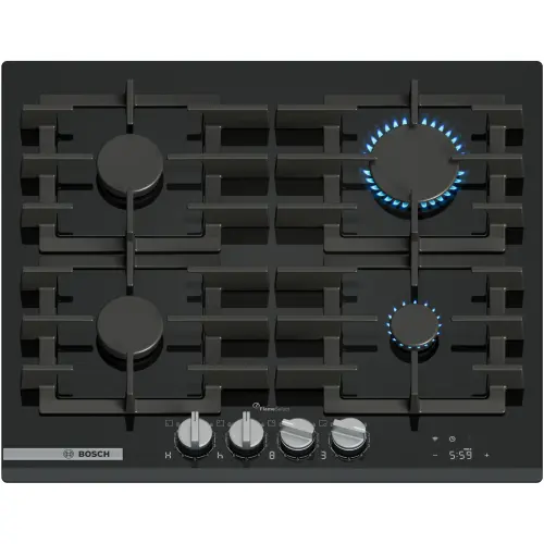 Plita incorporabila Bosch PRP6A6H40, 4 arzatoare, Flame select, Gratar fonta, Touch control & mecanic, Smart Hood Automatic, Home Connect, 60 cm, Sticla (Negru)