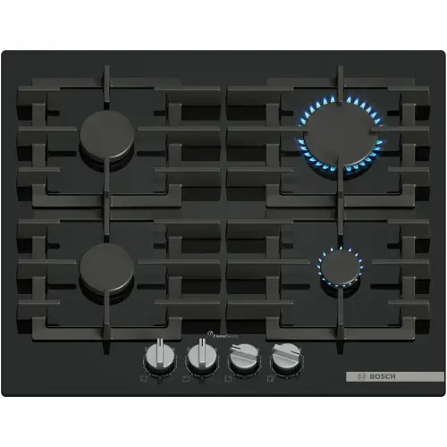 Plita incorporabila Bosch PPP6A6I40, Gaz, 4 arzatoare, Flame select, Gratar fonta, 60 cm, Sticla (Negru)