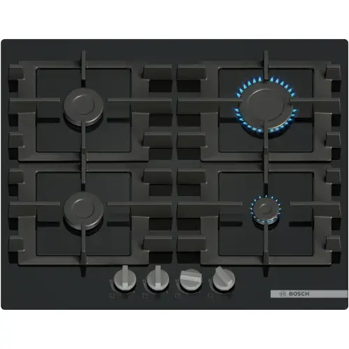 Plita incorporabila Bosch PNP6B6K40, Gaz, 4 arazatoare, Gratar fonta, 60 cm, Sticla (Negru)