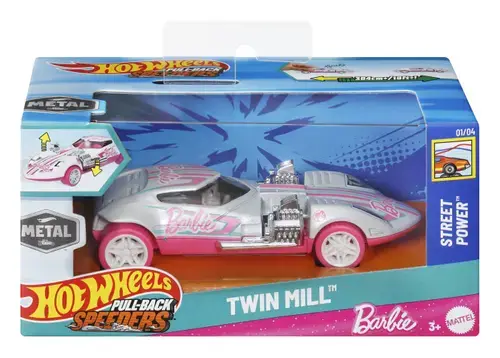 Masinuta metalica Hot Wheels Barbie Twin Mill cu sistem pull back, scara 1:43 (Alb/Roz)