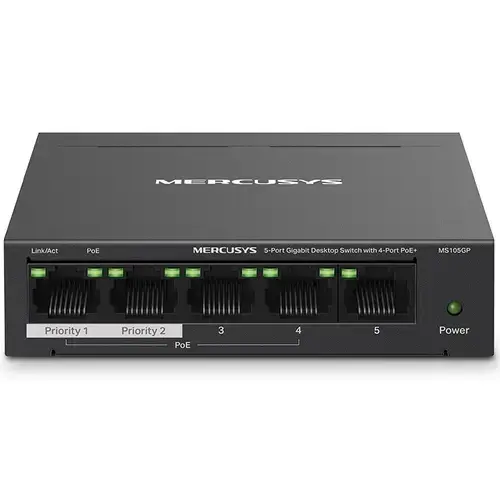 Switch PoE Desktop Mercusys MS105GP, 5 porturi Gigabit, 4 porturi PoE+ (Negru)