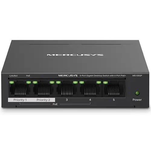 Switch PoE Desktop Mercusys MS105GP, 5 porturi Gigabit, 4 porturi PoE+ (Negru)