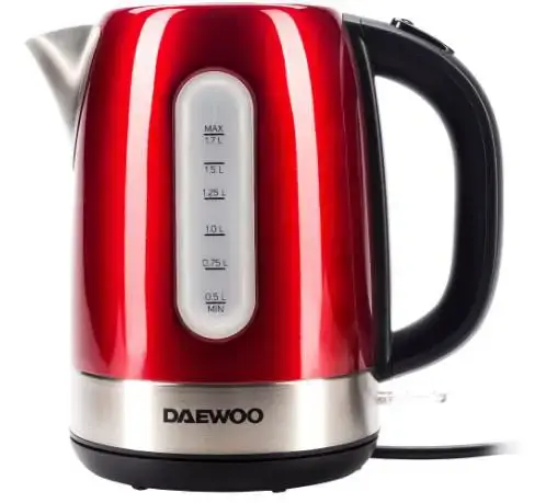 Fierbator apa Daewoo DK2400R, 2400 W, 1.7 l, element de incalzire ascuns din inox, indicator nivel apa, protectie supraincalzire, (Rosu/Inox)