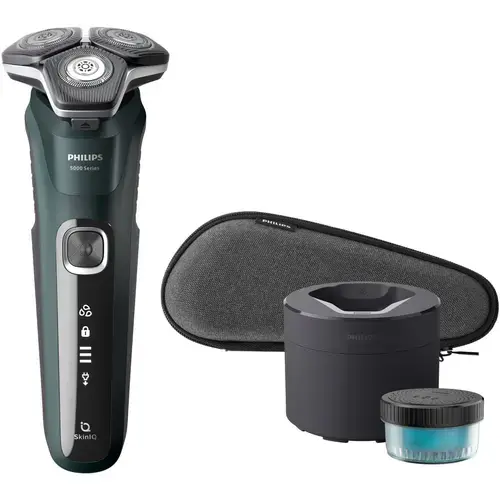 Aparat de barbierit Philips Shaver Seria 5000 S5884/50, barbierit umed/uscat, tehnologie SkinIQ, fara fir, capete flexibile 360°, display LED, senzor Power Adapt, lame auto-ascutire, lama tuns integrata, 60 min, toc de transport, Verde