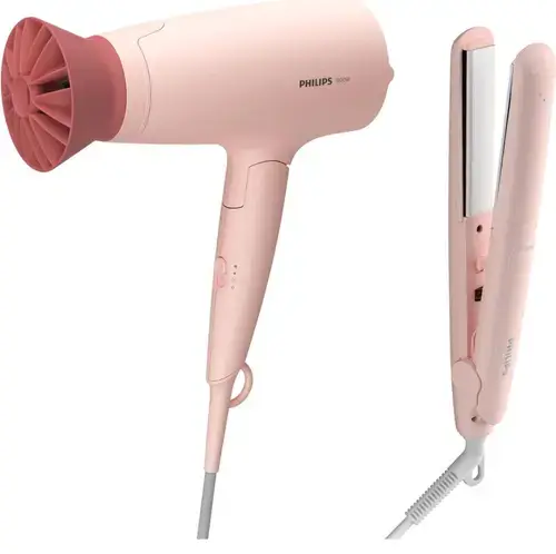 Set de coafat Philips BHP398/00, 1600W, accesoriu Thermo Protect, 3 setari de viteza/temperatura, cap de coafare 14 mm, placi cu infuzie de cheratina (Roz)