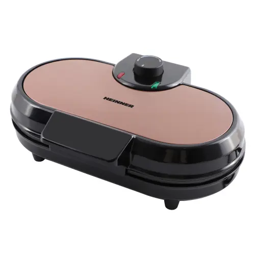 Aparat de facut gofre Heinner Copper Crown HWF-1000CR, 1000W, buton reglare temperatura, placi cu invelis antiaderent, plite gofre: 13.97 cm, Negru/aramiu