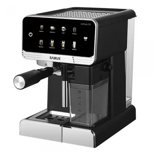 Espressor Manual Samus INFINITY 20, 1350 W, 20 Bari, Rezervor apa 1800 ml, Rezervor lapte 500 ml, 7 Optiuni de cafea, Duza spumare lapte si tavita de colectare detasabile (Negru/Inox)