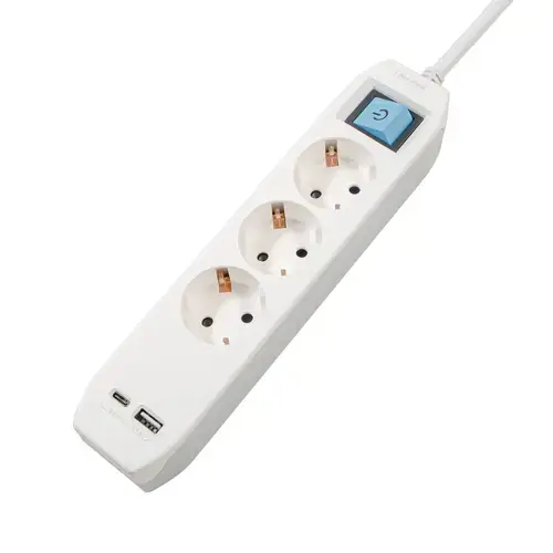 Prelungitor SPACER, Schuko x 3, conectare prin Schuko (T), Type-C x1, USB x 1, 3.1A, cablu 3m, 16 A, max. 3500W, protectie copii, protectie supratensiune (Alb)