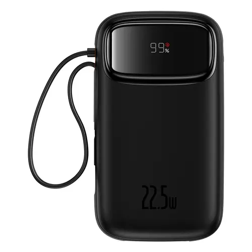 Acumulator extern Baseus Qpow2, 10.000 mAh, cablu dual USB-C si Lightning incorporat, Incarcare rapida, 22.5W, Digital Display (Negru)