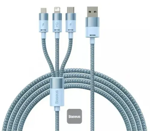 Cablu de date Baseus StarSpeed 3-in-1, Fast Charging, USB-C, Lightning, Micro USB, 3.5A, 1.2 metri (Albastru deschis)