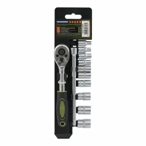Set 12 piese Heinner, Cheie cu clichet reversibila 1/4'', Bara de extensie: 152mm, capete chei tubulare, chrome vanadium