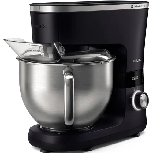 Robot de bucatarie Philips HR7962/01 seria 7000, 1000 W, 8 viteze, Tehnologie ProKnead, Sistem de amestecare perfecta, Carlige pentru aluat, paleta si tel, Castron 5.5 l, Capac antistropire, Cronometru inteligent cu LED (Negru/Argintiu)
