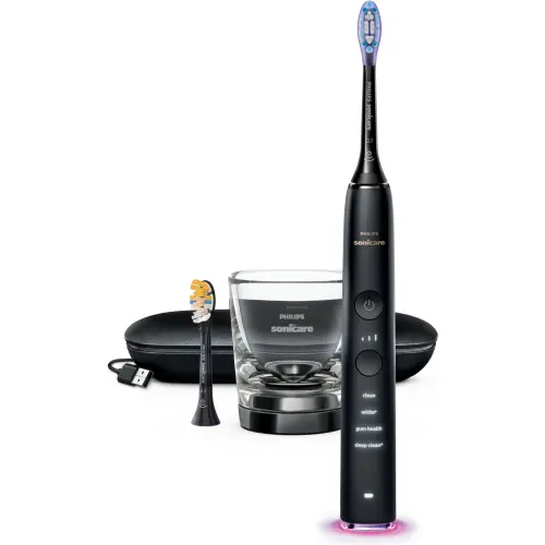 Periuta de dinti sonica electrica Philips Sonicare DiamondClean 9000 HX9917/89, 62000 miscari/minut, 4 moduri de curatare, 3 nivele intensitate, senzor presiune, functia BrushSync, 2 baze de incarcare, 2 capete de periere, aplicatie Sonicare, Negru