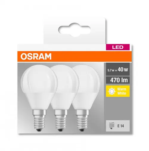 Set 3 becuri Led Osram, E14, 5,7W, 470 lumeni, lumina calda(2700K), durata de viata 10.000 ore, clasa energetica A++