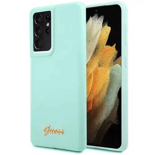Husa de protectie Guess Silicone Metal Logo Script pentru Samsung Galaxy S21 Ultra 5G (Verde)