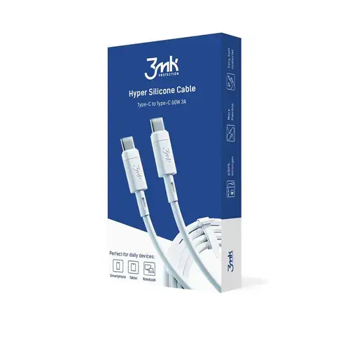 Cablu 3mk HyperSilicone, USB-C, 60W, 1m (Alb)