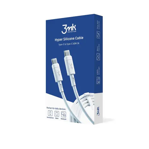 Cablu 3mk HyperSilicone, USB-C, 60W, 1m (Alb)