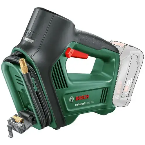 Mini compresor pneumatica pe acumulator Bosch Universal Pump 0603947100, 18 V, 10.30 bar, 150 psi, 1030 Kpa, 30 l/min volum maxim, supapa Presta, ac pentru minge, adaptor volum, fara acumulator/incarcator