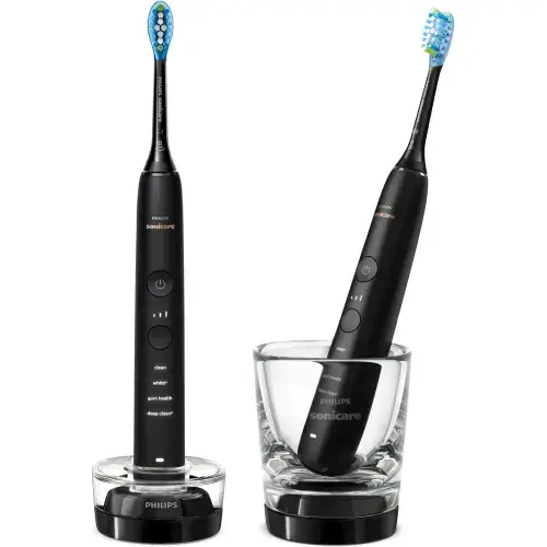 Set 2 periute de dinti electrice sonice Philips Sonicare DiamondClean 9000 HX9914/54, 62000 miscari/minut, 4 moduri de curatare, 3 nivele intensitate, senzor presiune, functia BrushSync, 2 baze de incarcare, 2 capete de periere, aplicatie Sonicare, Negru