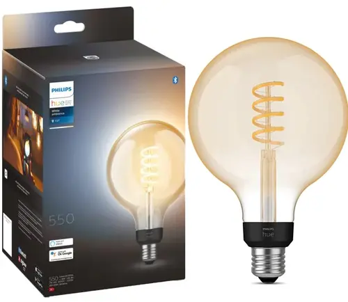 Bec LED inteligent vintage Philips Hue Filament Glob, Bluetooth, Zigbee, G125, E27, 7W (40W), 550 lm, lumina alba (2200-4500K), 125 mm