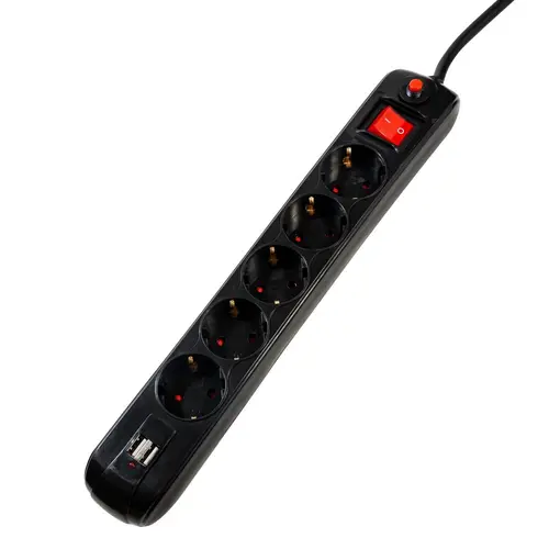 Prelungitor SPACER, Schuko x 5, conectare prin Schuko (T), USB x 2, cablu 1.8 m, 16 A, max. 3500W, protectie supratensiune, negru, „PP-5-18B-USB”