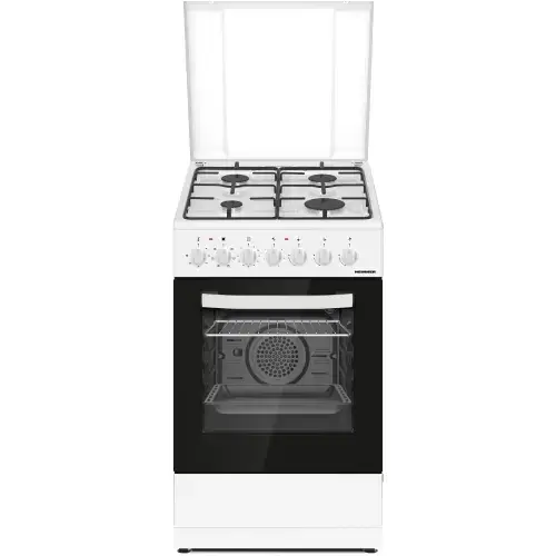 Aragaz mixt Heinner HFSC-S60LITGC-WH, 4 arzatoare, Aprindere electrica plita, cuptor electric, Clasa A, Timer, Grill, Ventilatie, Sertar inferior vase, 50x60cm (Alb)