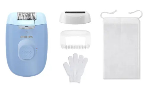 Epilator Philips Seria 4000 BRE247/00, 2 setari de viteza, cap de epilare lavabil, 4 accesorii, lumina LED (Albastru)