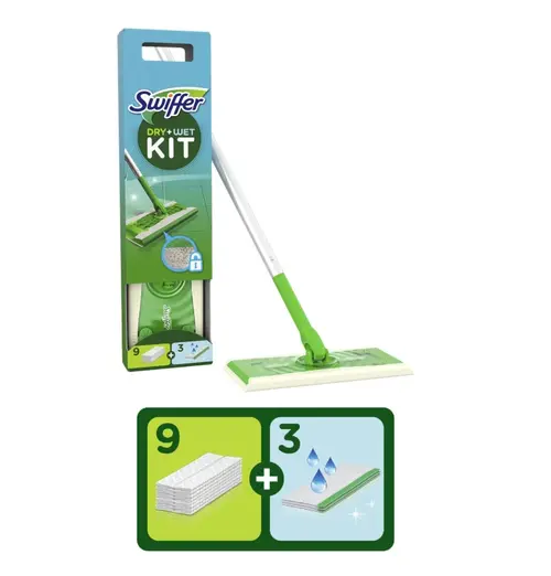 Set mop/9 lavete uscate/3 lavete umede, Swiffer, rotire 360 grade (Alb/Verde)
