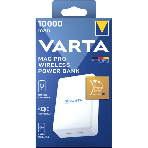 Baterie Externa Wireless Varta Mag Pro, 10000 mAh, 20 W, 1 x QI - 2 x USB-C (Alb)