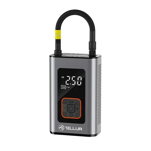 Compresor Auto cu Acumulator Tellur, Max. 10.3 Bari / 150PSI, 16L/min., Functie PowerBank, 4 Setari Prestabilite, Afisaj LED, USB-C, Husa de Depozitare, Carcasa Aluminiu (Gri)