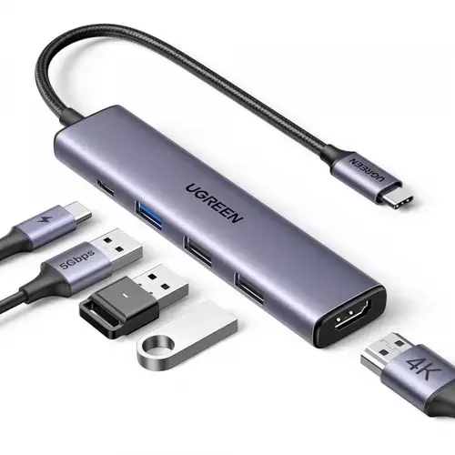 Hub USB-C UGREEN CM478, 1 x USB-A 3.0, 2 x USB-A, 1 x USB-C, 1 x HDMI (Gri)