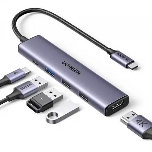 Hub USB-C UGREEN CM478, 1 x USB-A 3.0, 2 x USB-A, 1 x USB-C, 1 x HDMI (Gri)