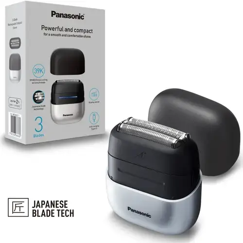 Aparat de ras compact Panasonic Seria 700 ES-CM3BKS503, 3 lame, Japanese blade technlogy, senzor pentru barba, motor liniar ultra-rapid, 45min autonomie Li-Ion, Wet & Dry, incarcare USB type-C (Negru/Argintiu)