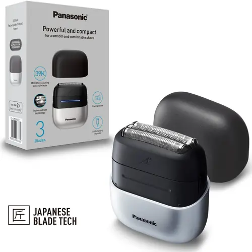 Aparat de ras compact Panasonic Seria 700 ES-CM3BKS503, 3 lame, Japanese blade technlogy, senzor pentru barba, motor liniar ultra-rapid, 45min autonomie Li-Ion, Wet & Dry, incarcare USB type-C (Negru/Argintiu)