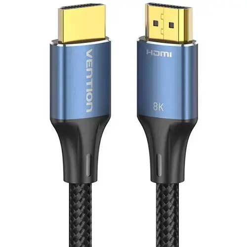 Cablu video Vention ALGLH, HDMI(T) la HDMI(T), 2m, rezolutie maxima 8K la 60Hz/4K la 120Hz, conectori auriti, cupru/argint, bumbac braided (Albastru)