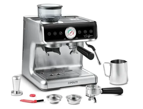 Espressor profesional manual cu rasnita de cafea Polti Coffea G50S, 2,8l, 1550W,15 bar, pentru espresso si cappuccino (Argintiu)