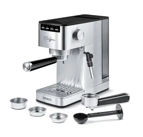 Espressor de cafea Polti Coffea P10S pentru espresso si cappuccino, compatibila cu cafea macinata si capsule E.S.E. de 44 mm, Steamymilk pentru spumarea laptelui, rezervor detasabil de 1,3 l, 1450 W (Argintiu)